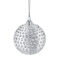 a silver ball ornament hanging on a white background with lots of small crystals