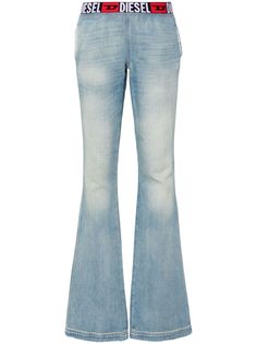 light blue cotton denim distressed effect elasticated logo waistband bootcut two side welt pockets long length Diesel Bottoms Faded Pants Blue Tradesy, Diesel Logo, Yoko London, Diesel Jeans, City Dress, Summer Beach Wear, Ballet Flat Shoes, Ski Wear, Lady Dior