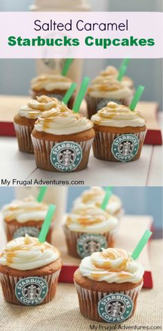 starbucks cupcakes with whipped cream and caramel frosting on top are shown