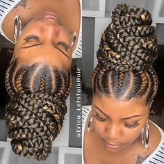 Goddess Braids Updo Ponytail, Two Braids Hairstyle Black Women, Braided Bun Styles, Goddess Braids Updo, Updo Ponytail, Goddess Braid, Corn Rows, Braids Updo, Cornrow Ponytail