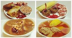 four pictures show different types of soups and meats in white bowls with corn on the cob