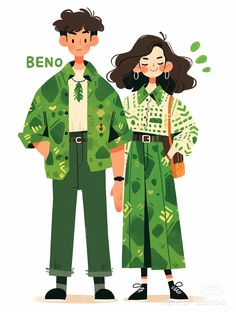 a man and woman dressed in green clothes with the words beno written above them