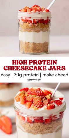 an image of high protein cheesecake jars with strawberries in the top and bottom