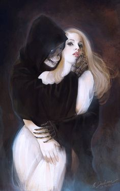 a painting of a woman in black and white with her arms around another woman's head