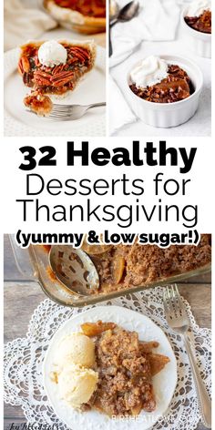 three healthy desserts for thanksgiving, yummy and low sugar on the table with text overlay