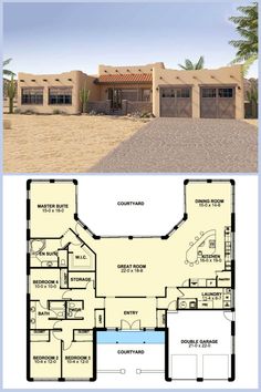 Discover the charm of this 4-bedroom single-story adobe-style home featuring ICF walls for energy efficiency and durability. With dual courtyards offering a perfect balance of privacy and outdoor living, this floor plan creates an inviting and spacious retreat. Ideal for modern living with timeless southwestern appeal.