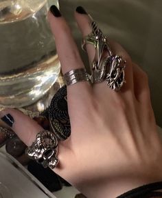 Women Hands With Rings, Masc Rings Aesthetic, Emo Rings Aesthetic, Edgy Jewelry Rings, Alt Rings, Dark Satanic, Cardan Greenbriar, Rings And Necklaces