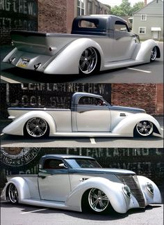 an old silver car parked in front of a brick building next to another classic car