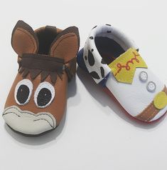 "**TOY STORY INSPIRED MOCCASINS - JESSIE AND BULLSEYE (100% GENUINE LEATHER Big Heart I Little Sole baby moccasins are handcrafted from high quality genuine leather. They are made with love for your big-hearted, little-soled bundle of joy! These shoes are perfect for infants and toddlers alike. - Handmade - 100% Genuine Leather - Ideal for crawlers and walkers - Perfect for any occasion These moccasins are made to order and constructed to be durable, yet comfortable and soft to the touch. The so Brown Moccasins For Playtime With Round Toe, Cute Brown Booties For Playtime, Playful Closed Toe Booties For Playtime, Soft Sole Closed Toe Booties For Playtime, Brown Booties With Soft Sole For Playtime, Cute Brown Closed Toe Booties, Jessie And Bullseye, Diy Moccasins, Mickey Shoes