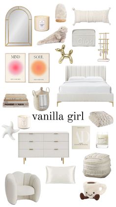 a collage of white furniture and accessories with the words vanilla girl written on it