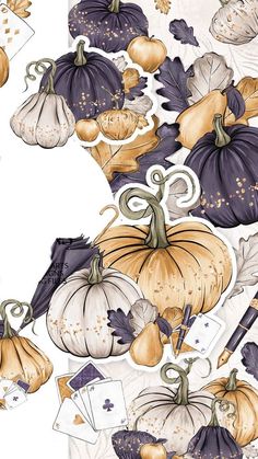 an illustration of pumpkins and leaves on a white background with gold glittering in the middle