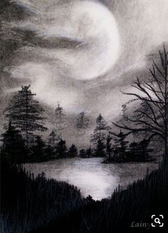 a black and white drawing of a lake with trees in the foreground at night