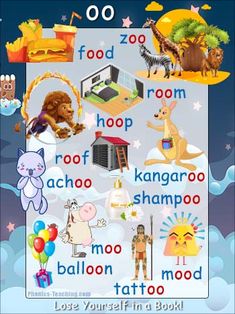 a poster with pictures of animals and other things in the background, including words that spell out