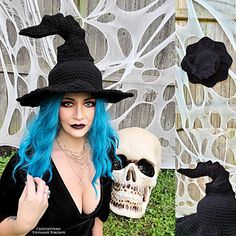 a woman with blue hair wearing a witches hat and holding a skull in her hand