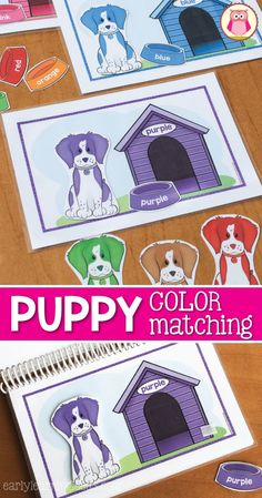 the puppy color matching game is shown on a table with paper cut outs and colored stickers