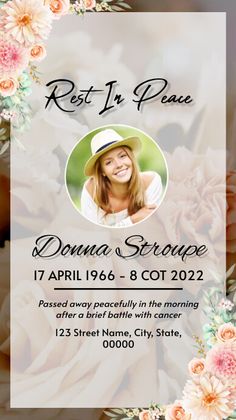 a flyer for a rest in peace event with an image of a woman wearing a hat