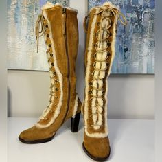 These Timeless Boots Are In Great Shape For Their Age. See Pics For Minor Outside Wear. Inside Leather Is Peeling But Doesn’t Affect The Sturdiness And Style Of These Boots. Zippers And Laces/Hooks Are In Great Condition. Perfect Fall Boots And Warm For Winter, Too! Size 9 Designer Beige Boots For Winter, Designer Beige Winter Boots, Luxury Beige Winter Boots, Knee High Lace Up Boots, High Lace Up Boots, Perfect Fall Boots, Calvin Klein Vintage, Timeless Boots, Fall Boots