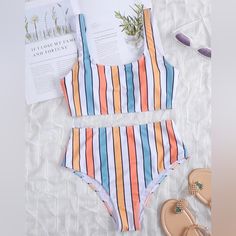 Colored Striped Bikini. High Waisted! Size Small. Brand New, Not In Original Packaging Swimsuit Shein, Casual Preppy Outfits