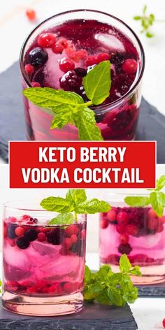 two glasses filled with berry vodka and mint garnish