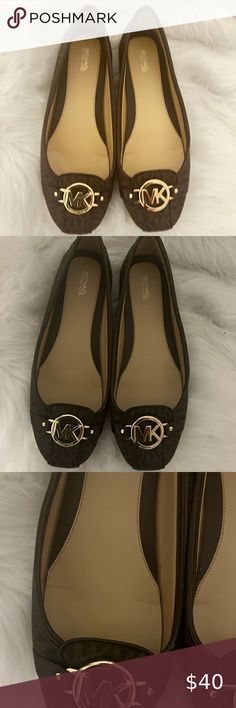 Michael Kors MK brown tan gold emblem leather women’s size 11 flats Leather Women, Leather