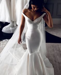 New arrival Mermaid Off the Shoulder Satin Wedding Dress 2021 sold by Anniebride on Storenvy Satin Wedding Dresses, Sweep Train Wedding Dress, Wedding Dresses Satin, Satin Wedding, Long Wedding Dresses, Mermaid Dress, Dream Wedding Dresses, Dream Dress, White Wedding