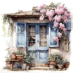 a watercolor painting of a window with blue shutters and pink flowers on it