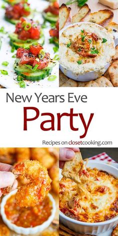 new year's eve party menu with pizza, dip and appetizers on the side