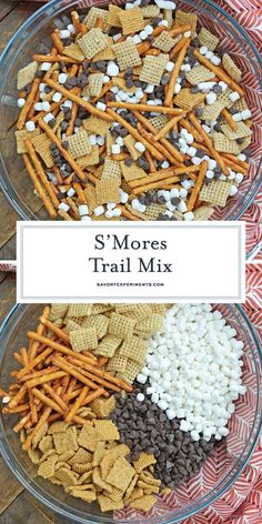 two bowls filled with cereal and marshmallows next to the words s'mores trail mix