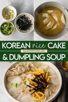 Check out this homemade Korean Rice Cake and Dumpling Soup, or Tteok Mandu Guk, for New Years! Made with rice cakes, eggs, seaweed and dumplings, this asian soup recipe is easy, healthy and the best. Find this Korean Rice Cake and Dumpling Soup and more healthy dinner recipes on the blog. Healthy Korean Soup Recipes, Asian Rice Cake Recipes, Rice Cake Recipes Korean