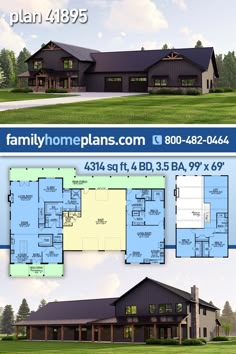 two story house plan with 3 car garage and living room in the front, from floor to ceiling