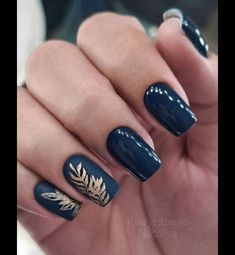 Blue And Gold Fall Nails, Dark Blue Fall Nail Designs, Fall Blue Nails Art Designs, Teal Autumn Nails, Blue And Bronze Nails, Dark Blue Autumn Nails, Blue Gold Nails, Elegant Nail Art, October Nails