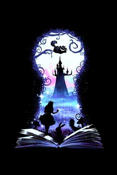 an open book with the silhouettes of disney characters in front of a castle at night