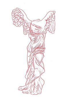 a drawing of an angel with wings on it's back and arms, standing in front of a white background