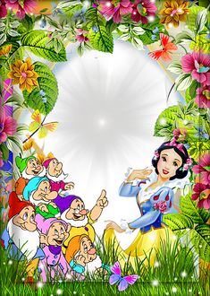 snow white and the seven dwarfs in front of a floral frame with butterflies, flowers and grass