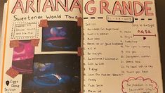 an open book with pictures and words on it's pages, including the title ariana grandee