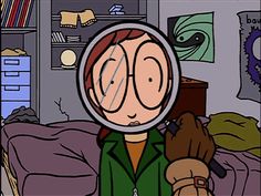 a person with a magnifying glass over their face in front of a bed