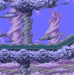 an old computer game with clouds and trees in the background