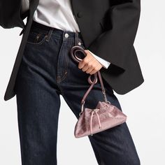 Cinch S | Rose Satin Crystal Bag | JIMMY CHOO The Cinch, Crystal Bags, Satin Bags, Bon Bon, Engraved Logo, Crystal Embellishment, Color Rosa, Jimmy Choo, Calf Leather