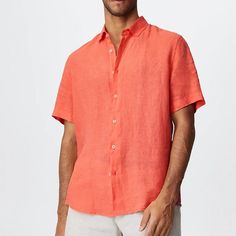 Red Men's Linen Shirt Summer Shirt Beach Shirt Turndown Summer Short Sleeve White Red Blue Plain Casual Daily Clothing Apparel Orange Short Sleeve Shirt For Vacation, Red Short Sleeve Shirt For Vacation, Red Short Sleeve Vacation Shirt, Casual Orange Short Sleeve Camp Shirt, Casual Orange Beach Shirt, Red Short Sleeve Shirt For The Beach, Red Short Sleeve Beach Shirt, Red Linen Shirt Relaxed Fit, Red Linen Shirt With Relaxed Fit