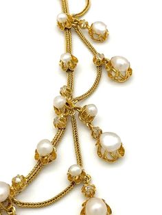 For Sale on 1stDibs - This elegant Belle Époque necklace is composed of collet set oriental pearls and rose cut diamonds connected by foxtail gold chains. The clasp is hallmarked Luxury Formal Pearl Necklace With Chain, Formal Pearl Necklace With Chain, Formal Yellow Gold Pearl Necklace With Chain, Elegant Pearl Necklace With Chain For Evening, Elegant Pearl Necklace With Chain For Formal Occasions, Victorian Pearl Drop Necklace For Formal Occasions, Formal Antique Pearl Drop Necklace, Gold Necklace With Pearl Chain For Evening, Evening Gold Necklace With Pearl Chain