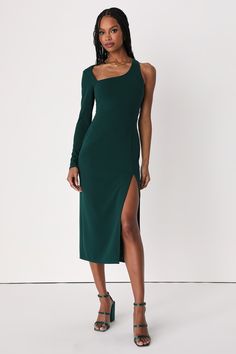 Stunning Drama Emerald Green Asymmetrical Long Sleeve Midi Dress Burgundy Satin Dress, Silver Cocktail Dress, Emerald Dresses, Green Cocktail, One Shoulder Midi Dress, Full Length Gowns, Strapless Midi Dress