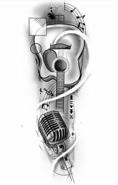 a black and white drawing of a guitar