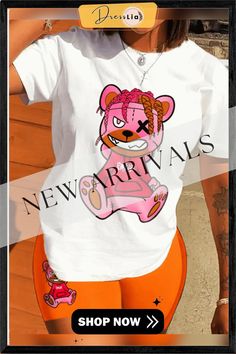 Plus Size Short Sleeve T-shirt Shorts Two Piece Set Casual Tops With Cartoon Print For Loungewear, Casual Cartoon Print T-shirt For Loungewear, White Cartoon Print T-shirt For Loungewear, White Short Sleeve Top For Leisure, White Short Sleeve Leisure Top, White Short Sleeve Leisure T-shirt, Plus Size Shorts, Two Piece Sets, T Shirt And Shorts