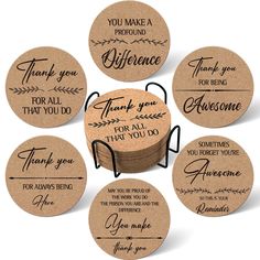 six cork coasters with thank you for being awesome written on the front and back