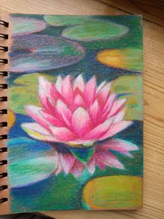 a drawing of a pink lotus flower on top of water lilies