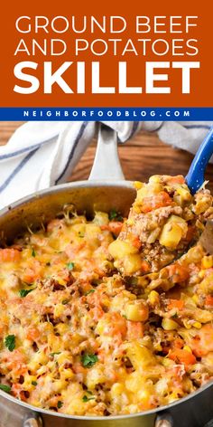 Warm up with this hearty Beef and Potato Skillet! Packed with veggies, melty cheese, and savory ground beef making it a perfect winter dish. This ground beef and potato casserole is the best comfort food recipe that will satisfy your cravings on chilly nights! Beef And Potato Skillet, Beef And Potato Casserole, Sausage And Potatoes Skillet, Sausage And Potato Bake, Potatoes Skillet, Beef Gyro, Potato Skillet, Ground Beef And Potatoes