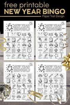 four new year's printable cards with gold ribbons and bows