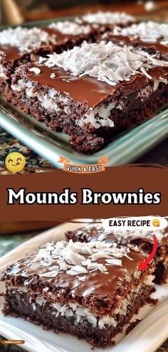 chocolate brownies with coconut toppings on a plate