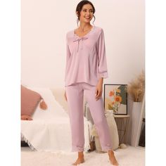 Silky fabric are so soft and comfy, but even better, because of how breathable and light they are, makes your downtime more relaxing. This pajamas sets including a v-neck tops and a pair of stretchy waistband long pants. This set features a lace trim, a v neck, long sleeves, solid color, and fit design, simple and elegant. Good drape allows the fabric to fit your body without feeling tight. You'll feel free to enjoy your off hours. No matter the cozy bedtime, casual home relax, laze afternoon, c Pajama Sets For Women, Top With Pants, Loungewear Dress, Pajamas Sets, Night Dress For Women, Silky Fabric, Casual Home, Lace Top Long Sleeve, Pajama Pant