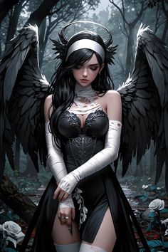 a woman dressed in black and white with angel wings